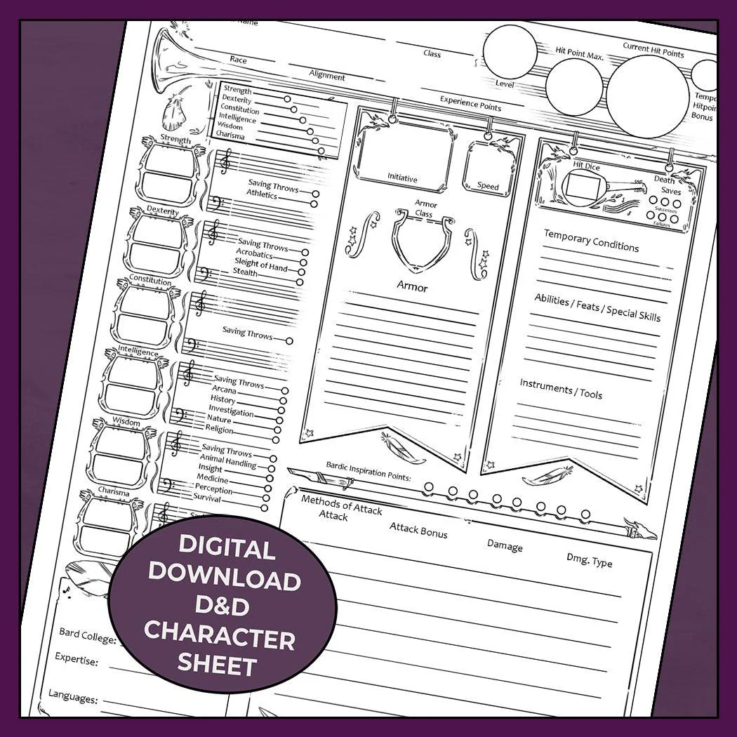 A Bards Adventure, Colorless - DnD 5e Bard Character Sheet