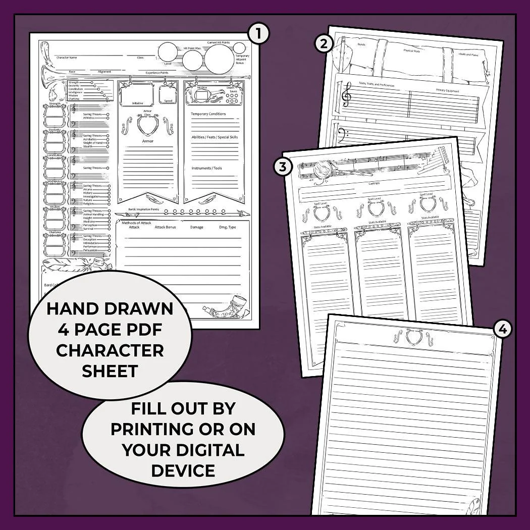 A Bards Adventure, Colorless - DnD 5e Bard Character Sheet - Image 2
