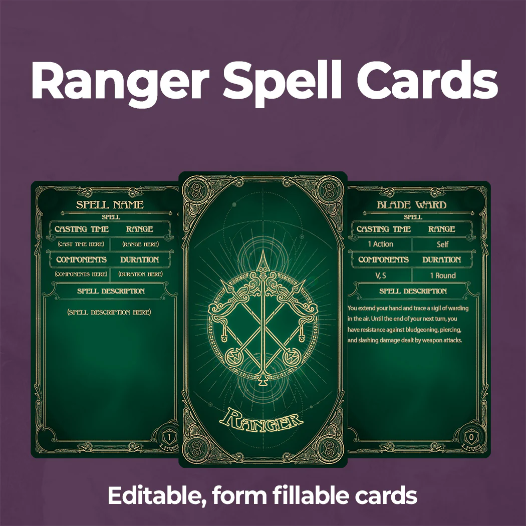 Ranger Spell Cards D&D 5e - Fillable PDF